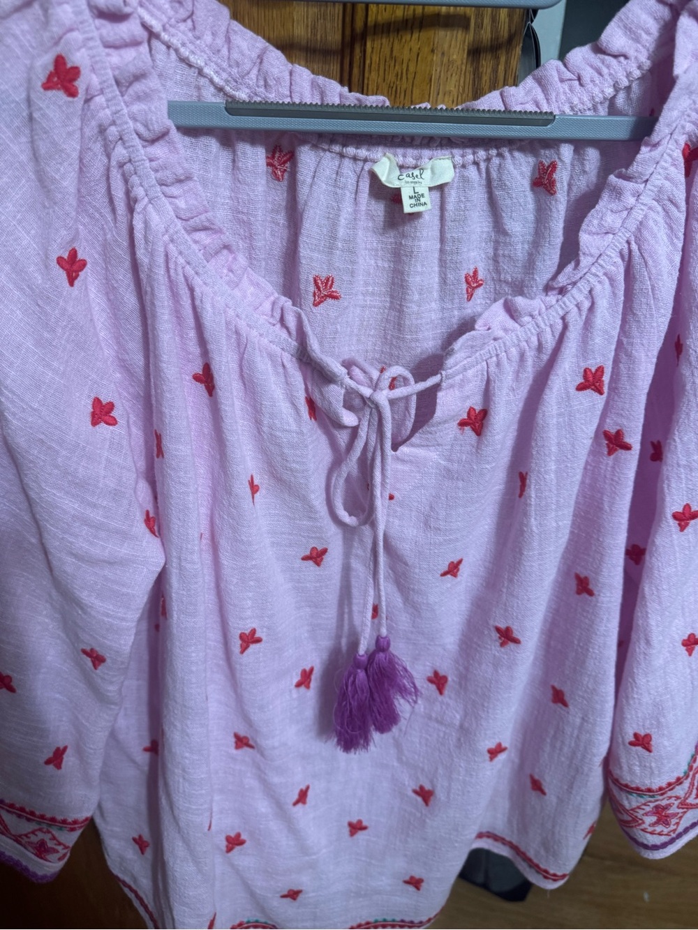Easel Pink Embroidered Peasant Blouse with Tassel